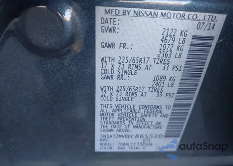 2014 Nissan Rogue Sv z USA, uszkodzony, nr VIN 5N1AT2MV0EC865520